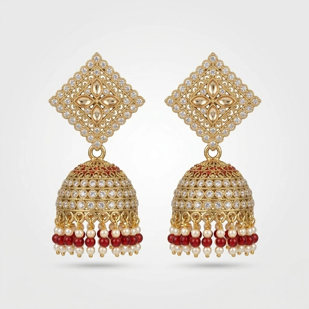 gold traditional jhumka red pearl drops