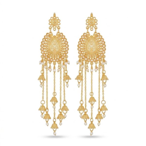 Gold Paisley Jhumka Earrings for Women – Long Chandelier Earrings with Pearl Drops | Pakistani Bridal & Party Jewellery