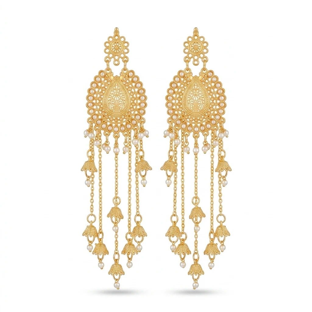 kashmiri Jhumka long gold paisley jhumka chandelier earrings