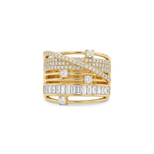 Multi-Band Layered Ring Gold – Baguette & Pavé CZ Wide Statement Ring | Women’s Luxury Cocktail Ring