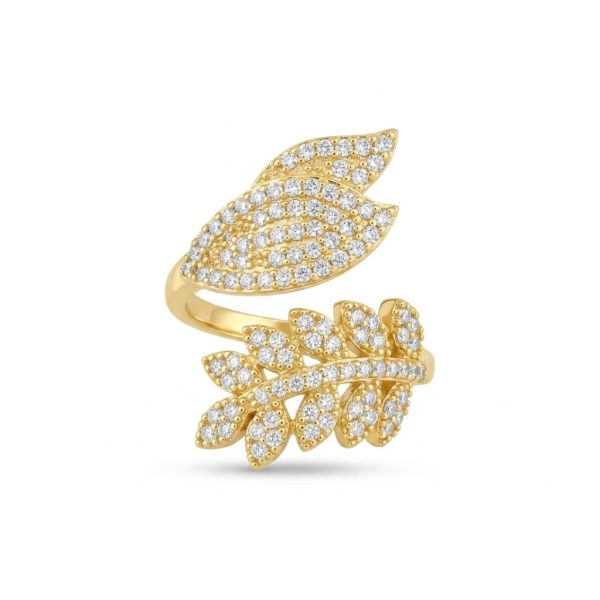 Olive Leaf Wrap Ring Gold – Pavé CZ Bypass Ring | Women’s Floral Statement Ring