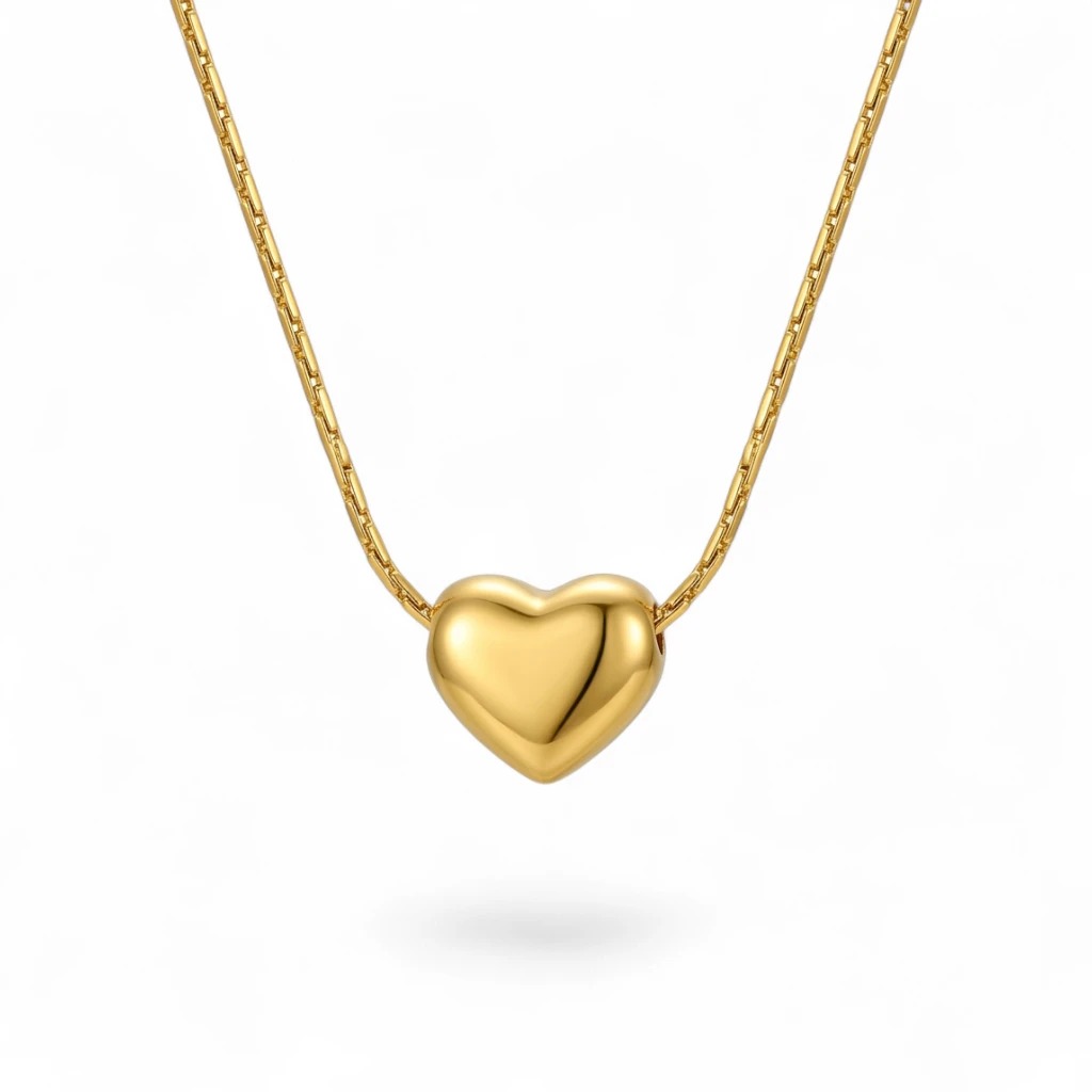 solid gold puffed heart box chain necklace