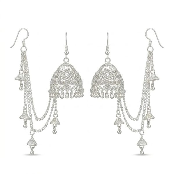 Silver Jhumka Earrings for Women – Filigree Dome Earrings with Chain Tassels | Oxidised Silver Traditional Jewellery
