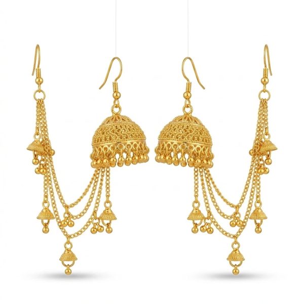 Gold Jhumka Earrings for Women – Traditional Dome Earrings with Chain Tassels | Pakistani Bridal & Festive Jewellery