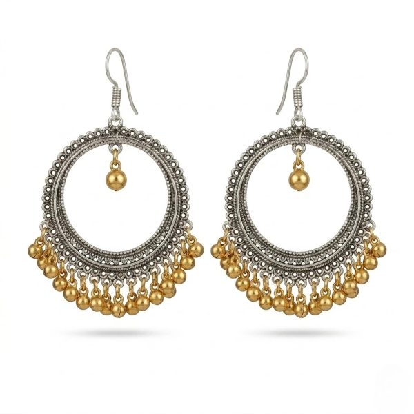 Oxidized Silver Chandbali Earrings – Two Tone Gold Plated Hoop Earrings | Traditional Hook Earrings Women