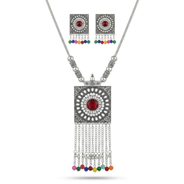 Vintage Tribal Square Pendant Necklace – Oxidized Silver with Red Stone & Multi-Color Beads | Ethnic Afghan Jewelry Set