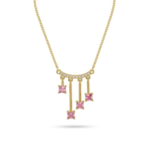 Gold Pink Zirconia Necklace – Fringe Bar Pendant with Princess Cut Stones | Delicate Layering Necklace
