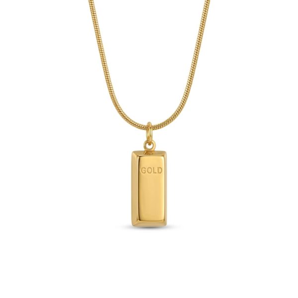 Gold Bar Pendant Necklace – 3D Ingot Charm on Snake Chain | Unisex Minimalist Statement Necklace