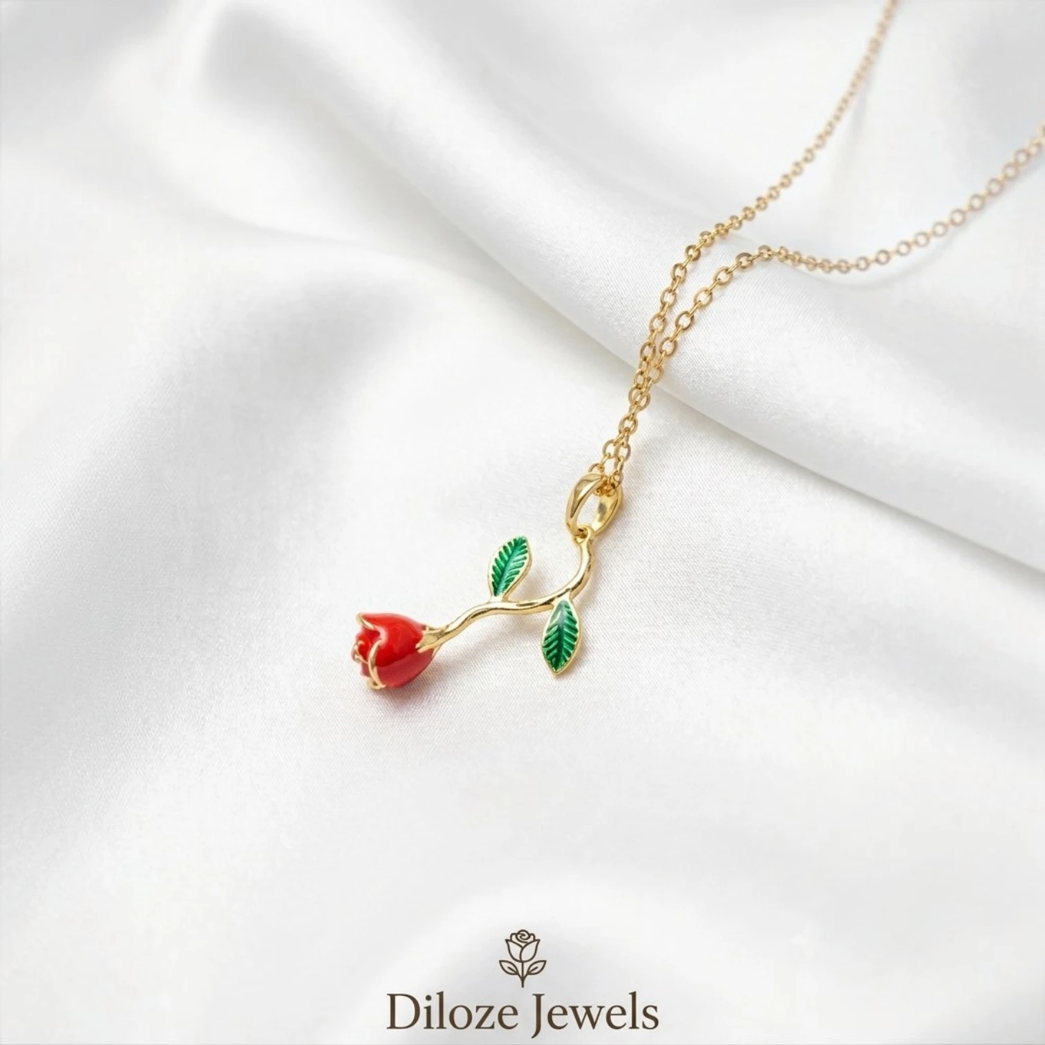 Falling Rose Pendant Necklace for Women – Gold Plated Red Enamel Rose Bud with Green Leaves - Image 3