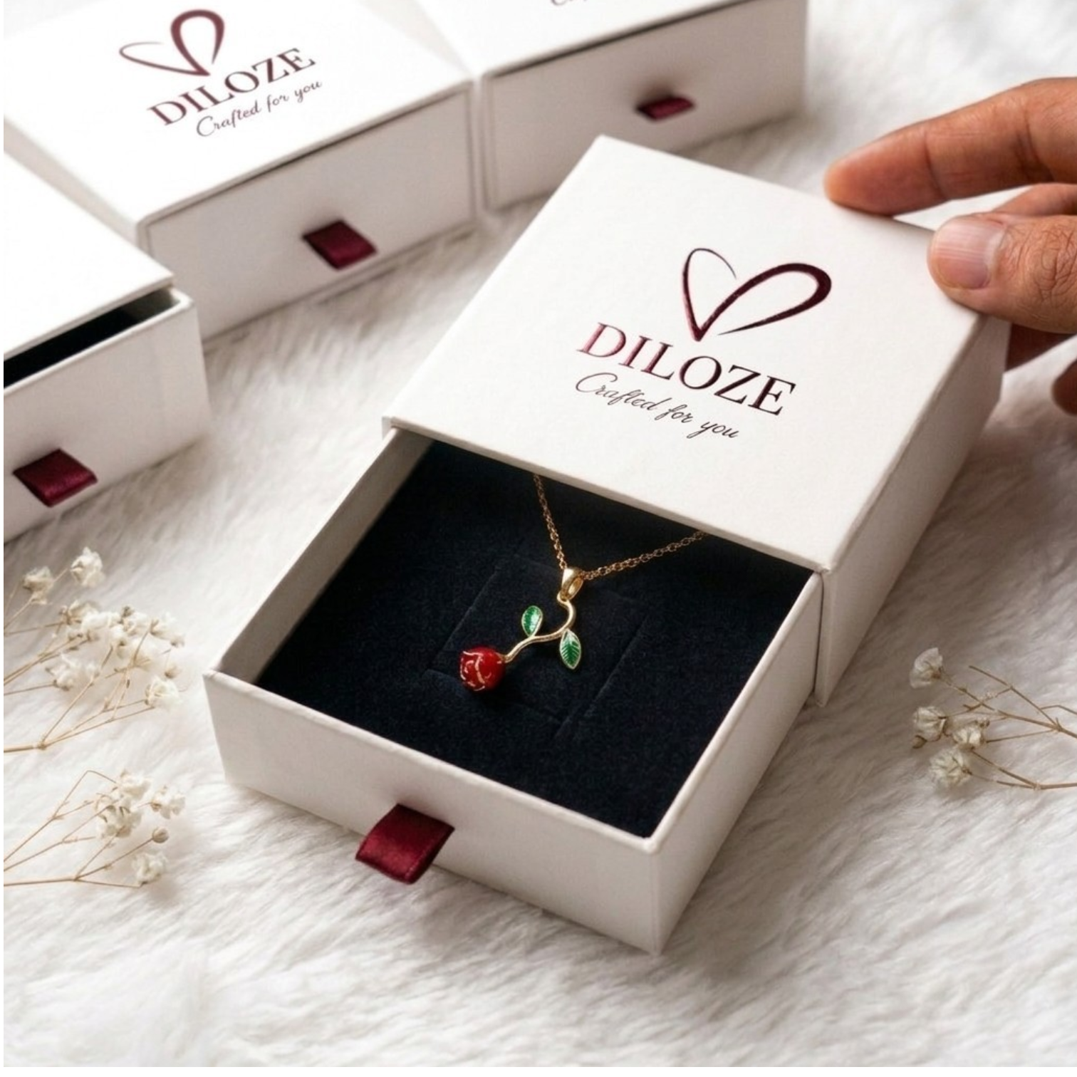 Falling Rose Pendant Necklace for Women – Gold Plated Red Enamel Rose Bud with Green Leaves - Image 5