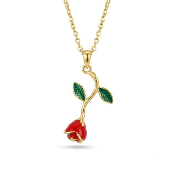 Falling Rose Pendant Necklace for Women – Gold Plated Red Enamel Rose Bud with Green Leaves