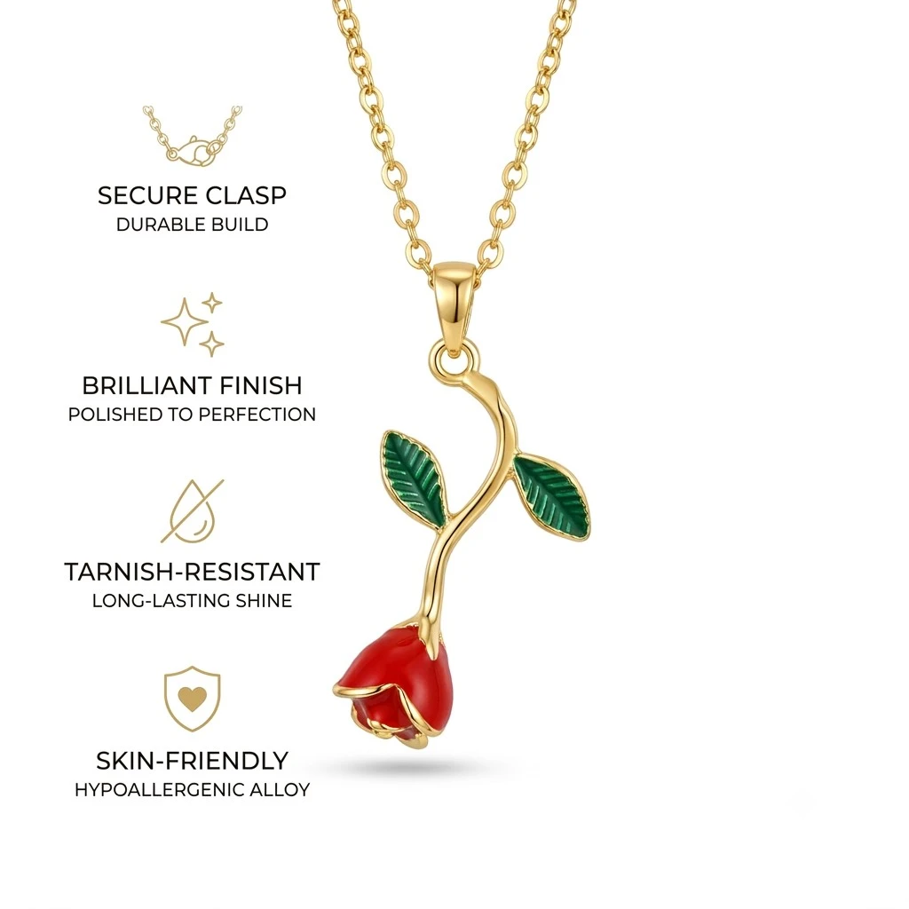 Falling Rose Pendant Necklace for Women – Gold Plated Red Enamel Rose Bud with Green Leaves - Image 6