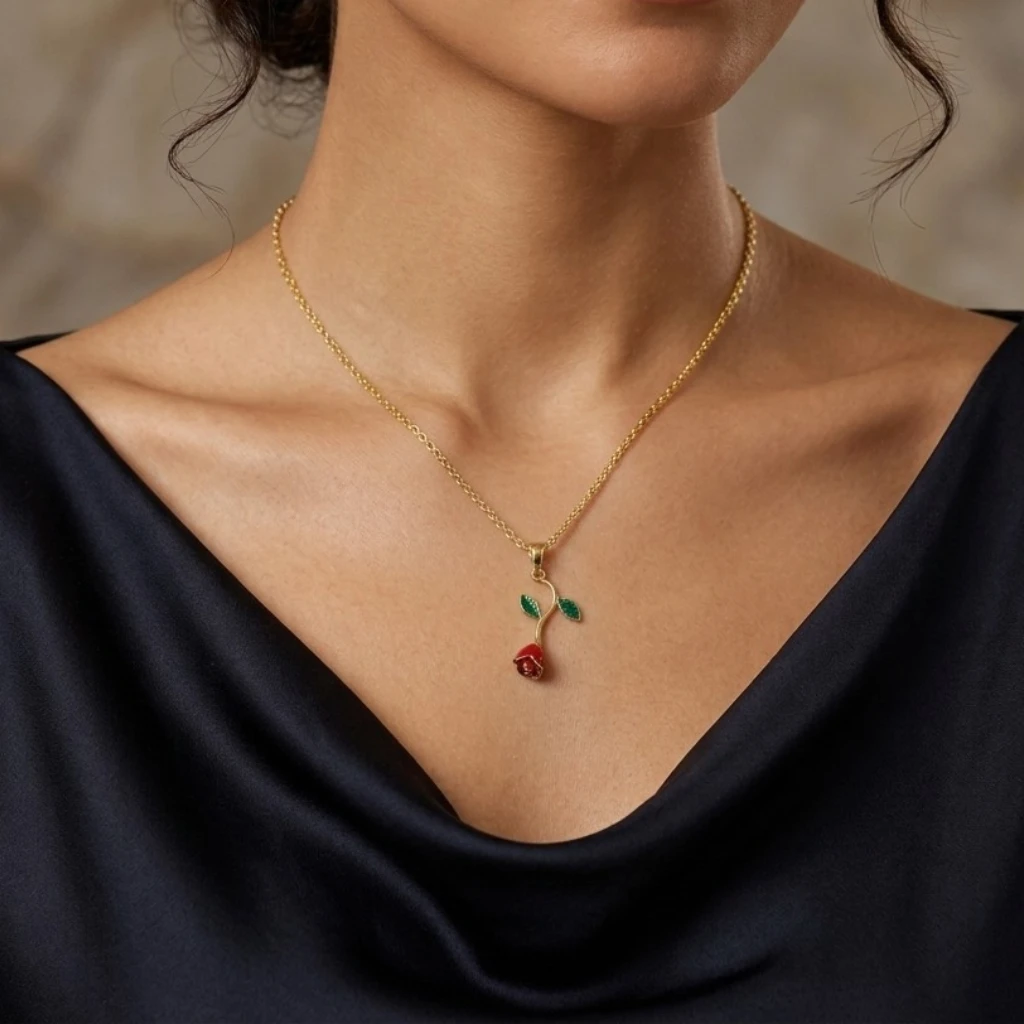 Falling Rose Pendant Necklace for Women – Gold Plated Red Enamel Rose Bud with Green Leaves - Image 4